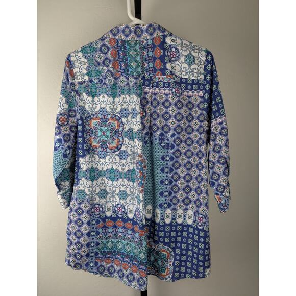 Chico's No Iron Button Front tunic top blue mixed print - Picture 3 of 7
